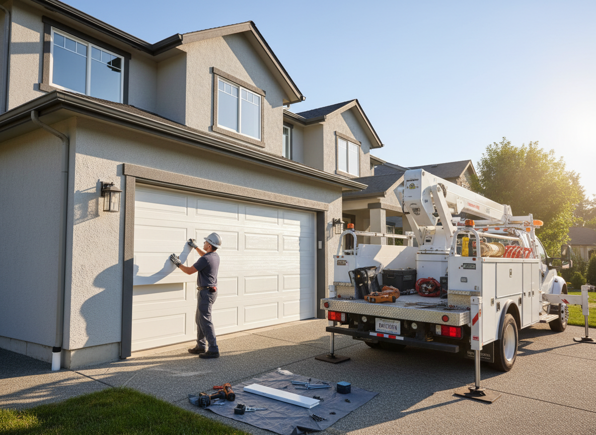 Garage Door Installation Truck in front of house where new doors are being installed.
