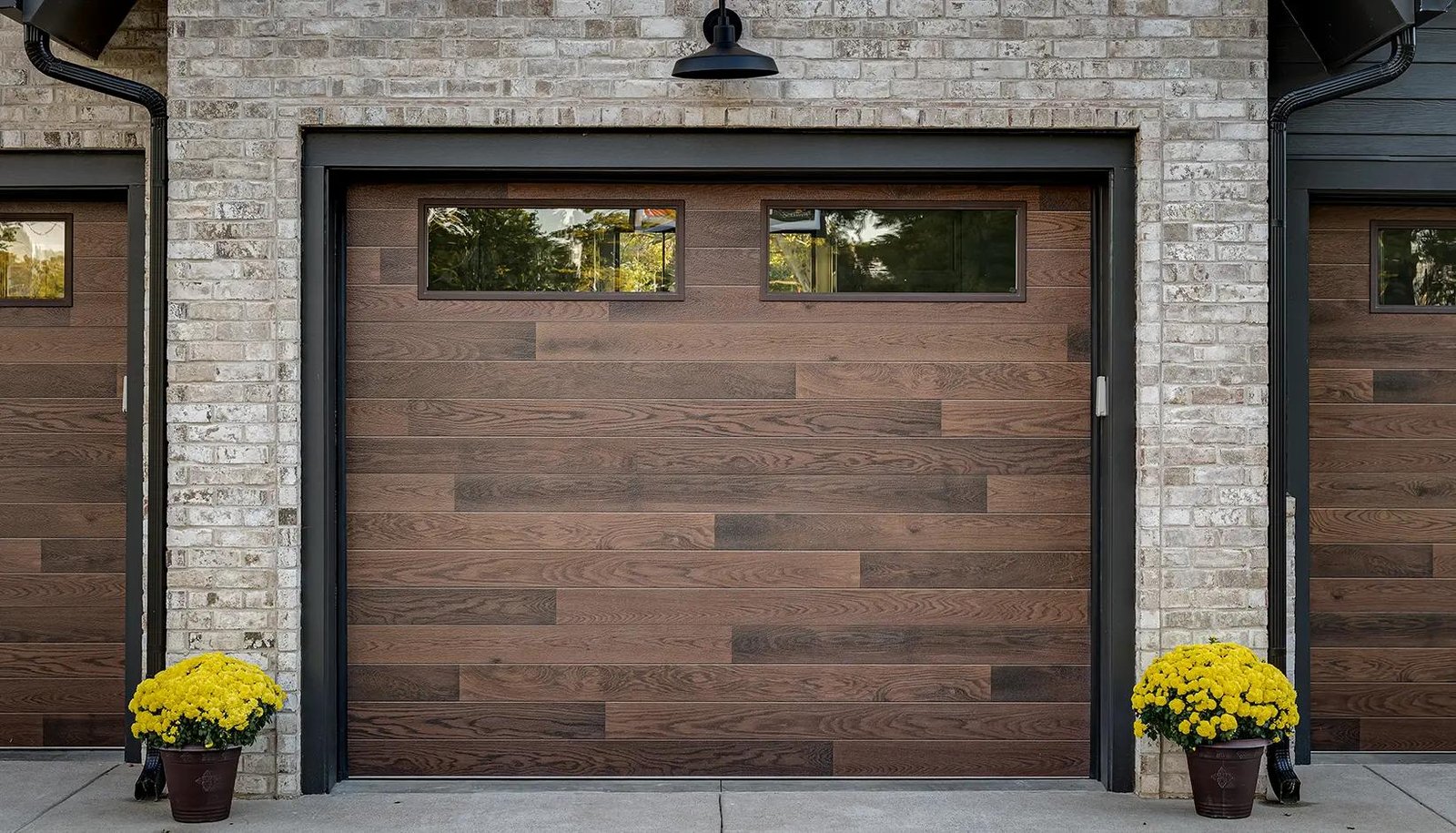 Clopay Modern Steel garage door with sleek flush panel design and narrow window inserts for contemporary homes.