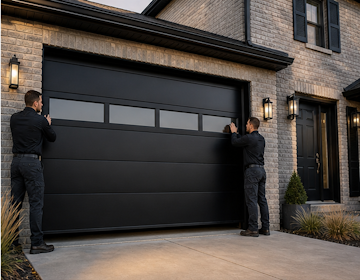 Two technicians installing a matte black garage door on a brick home exterior.